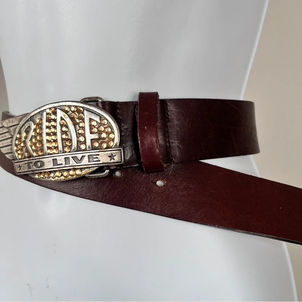 Streets Ahead Ride To Live Western Y2K Rhinestone Biker Leather Belt Size S